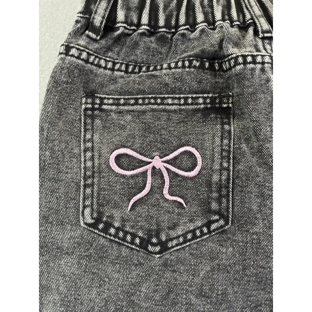 Girls Bow Print Back Zipper Fly Elastic High Waist Denim Pants Wide Leg Jean 13y